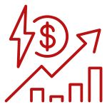 a lighten bolt next to a money sign and a rising chart icon