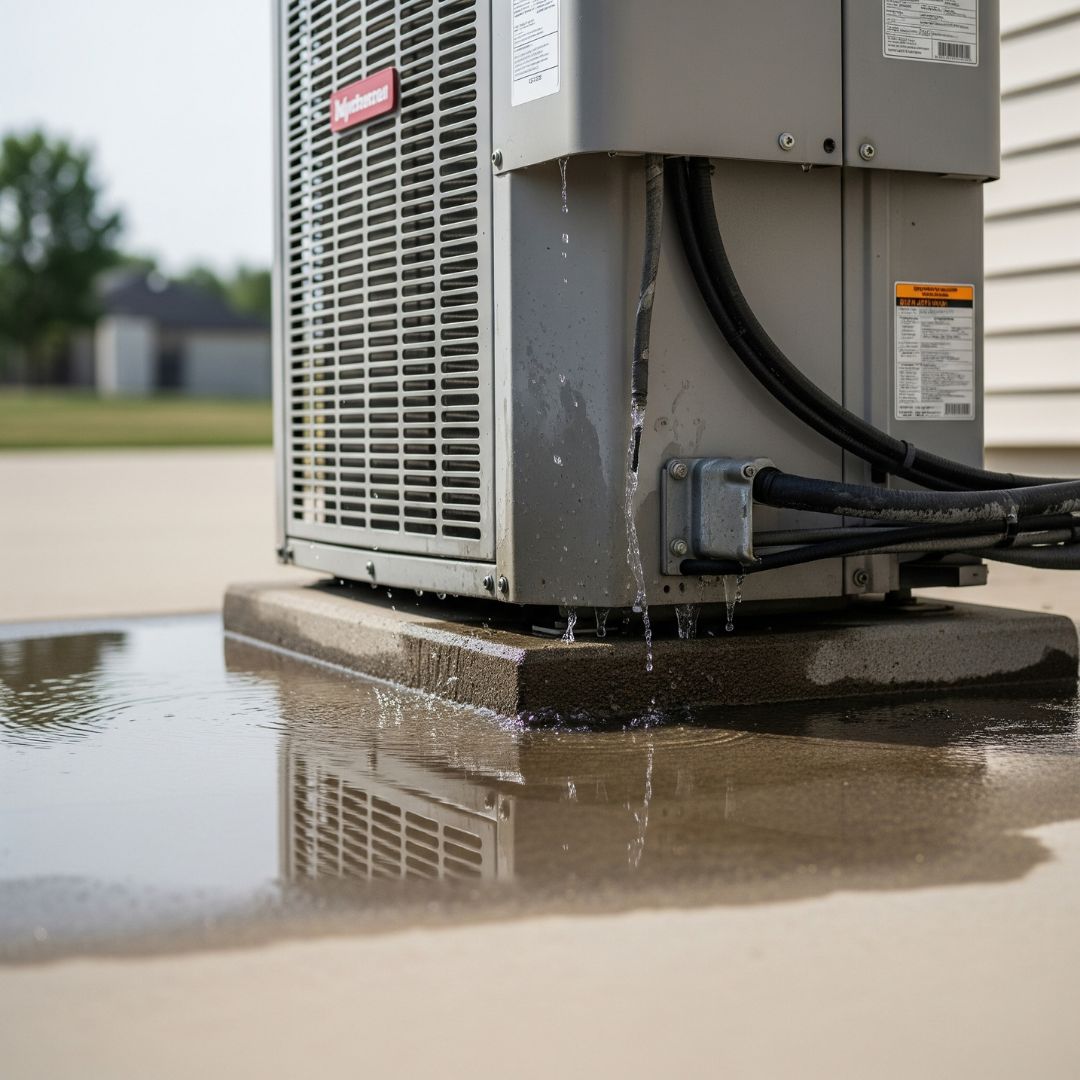 A puddle of water forming at the base of an outdoor AC unit.