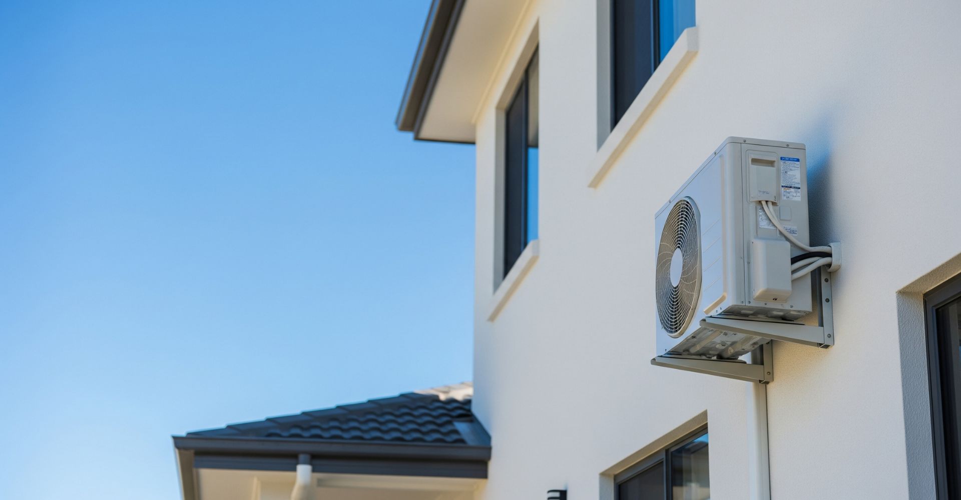 A modern air conditioning unit on the side of a suburban home.