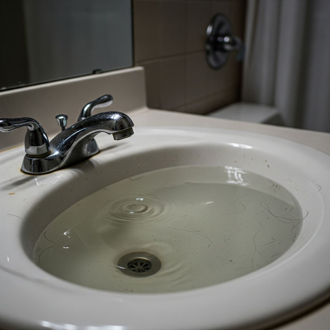 A clogged sink drain