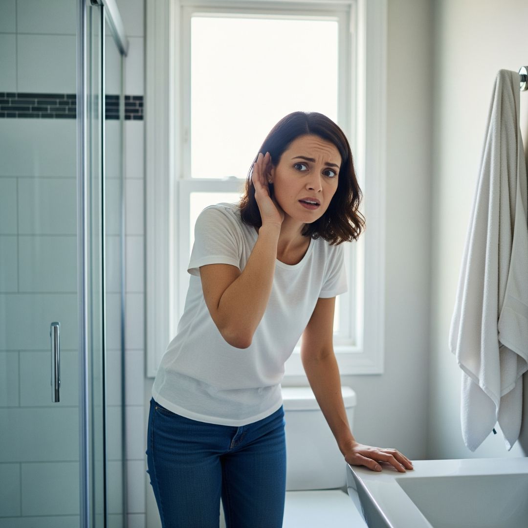 A woman with a concerned expression cups her hand to her ear, listening to a noise in her bathroom.