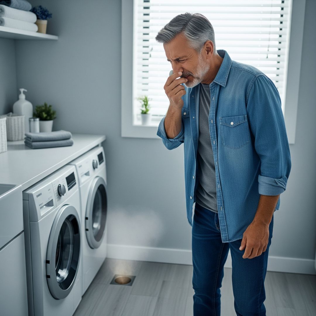 A person reacting with a wrinkled nose to an unpleasant smell from a drain, a sign of a plumbing issue.