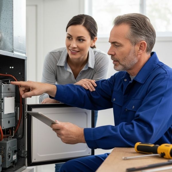 A male HVAC technician points to a component while explaining it to a smiling female homeowner.