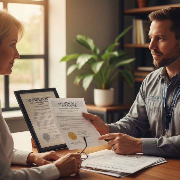 A male contractor sits at a desk, handing official documents to a female client.