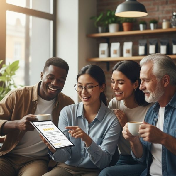 a group of people looking at online reviews