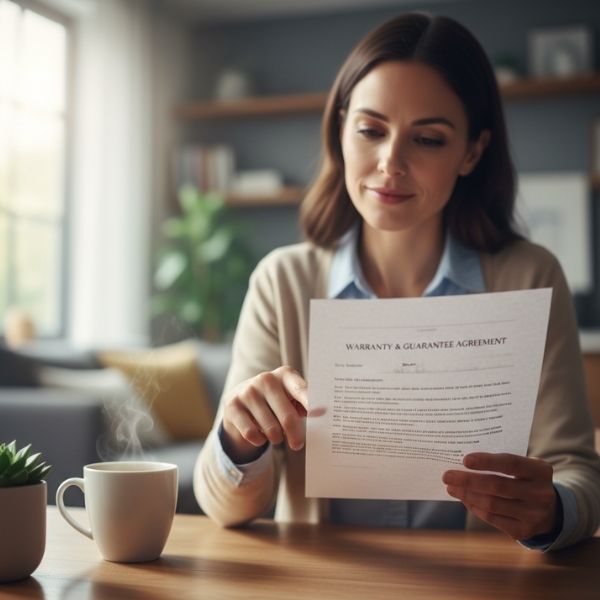 Woman reviewing a warranty and guarantee agreement on a table.