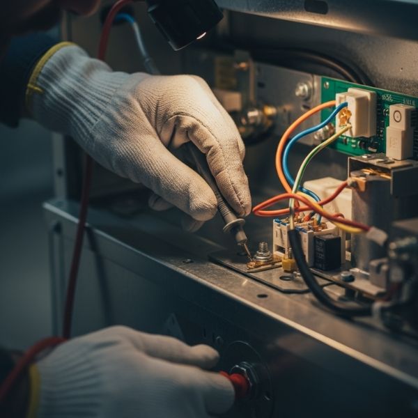 A close-up view of a technician meticulously examining the internal safety components of a furnace.