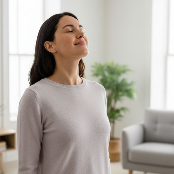 An individual takes a deep breath in a bright, clean indoor environment.