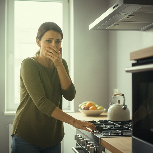 A person reacting to a strong gas smell in a kitchen