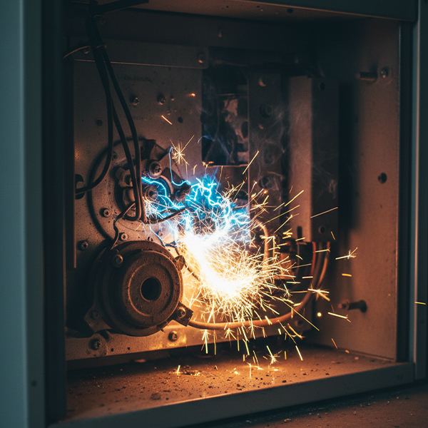 A person reacting to a strong gas smell in a kitchen