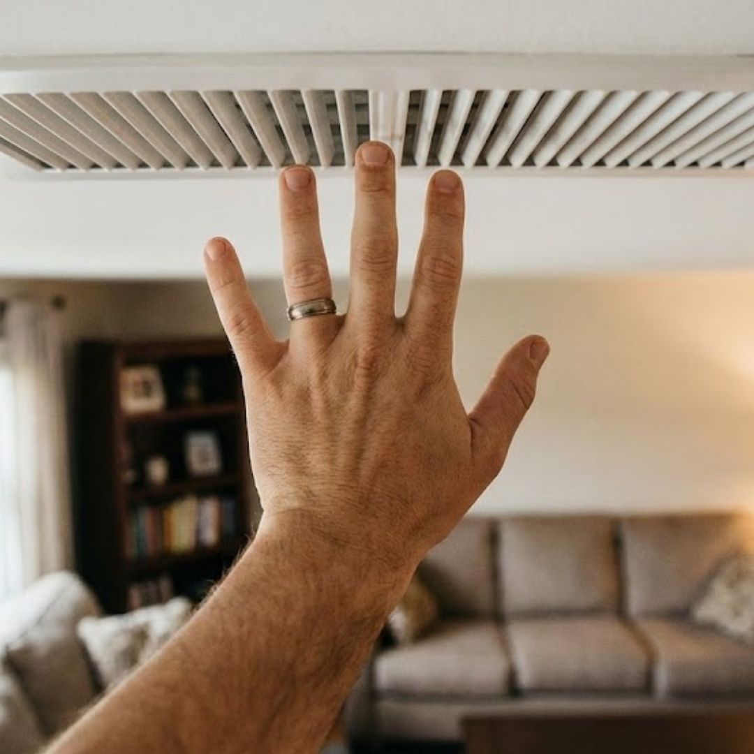 Hand reaching up to check airflow from a white ceiling vent in a living room.

