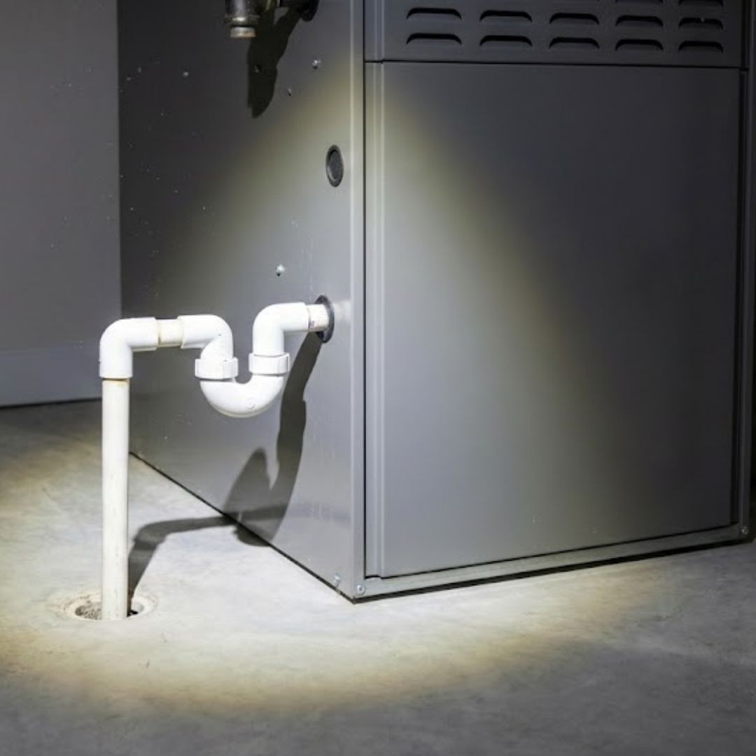 Furnace condensate drain line with PVC trap illuminated by a flashlight.
