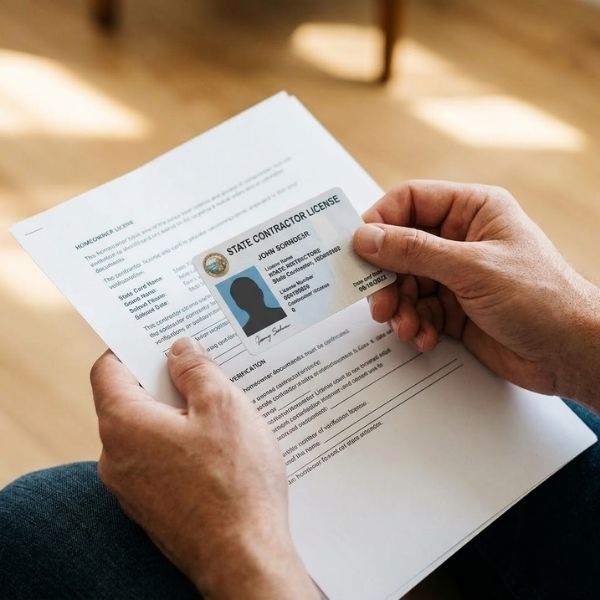 A homeowner's hands reviewing a physical contractor license card.