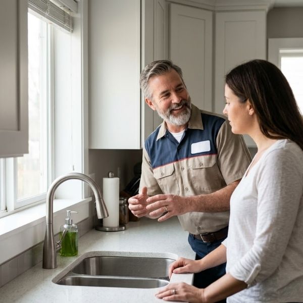 A mature plumber discussing repair options with a homeowner in a well-lit kitchen.