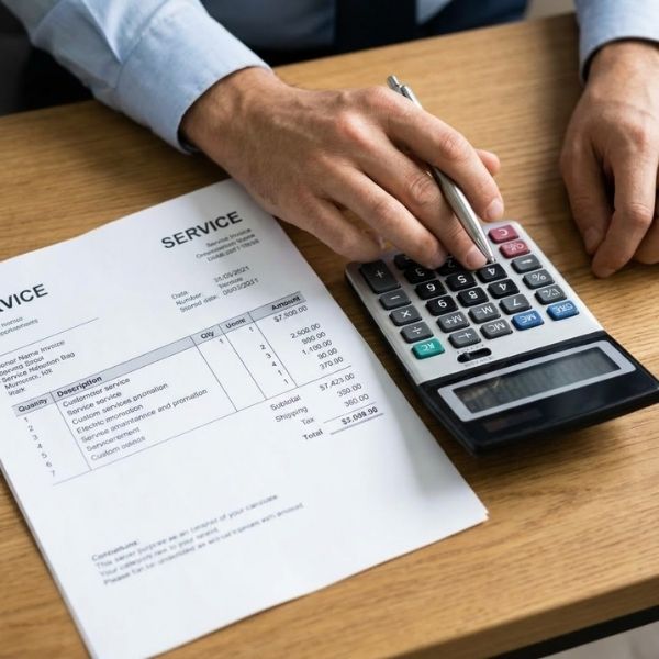 Close-up of hands using a calculator next to a service invoice.