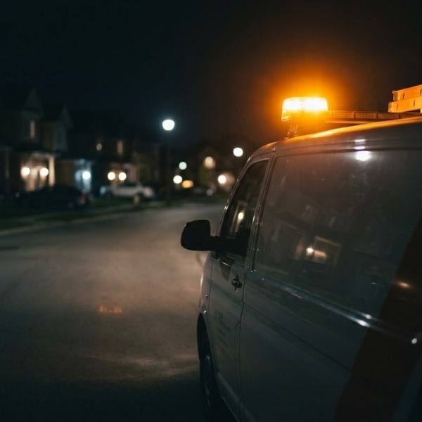 An emergency light flashing on top of a plumbing service van at night.