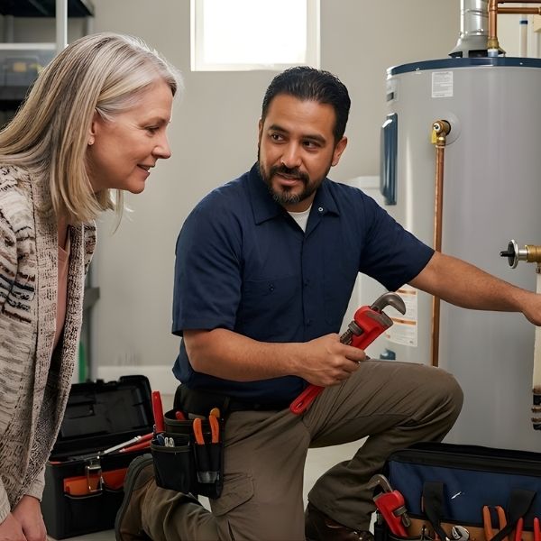 A professional plumber shows different tools and replacement parts to a homeowner