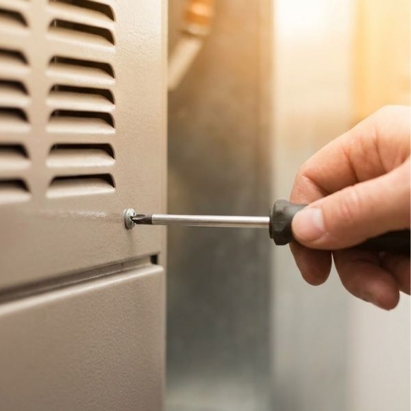 A detailed view of a hand tightening a screw on a metal panel.