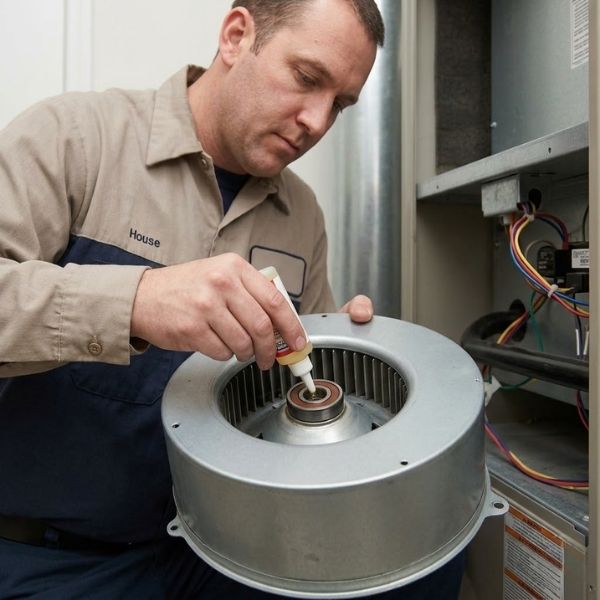A detailed view of a technician lubricating a blower motor.