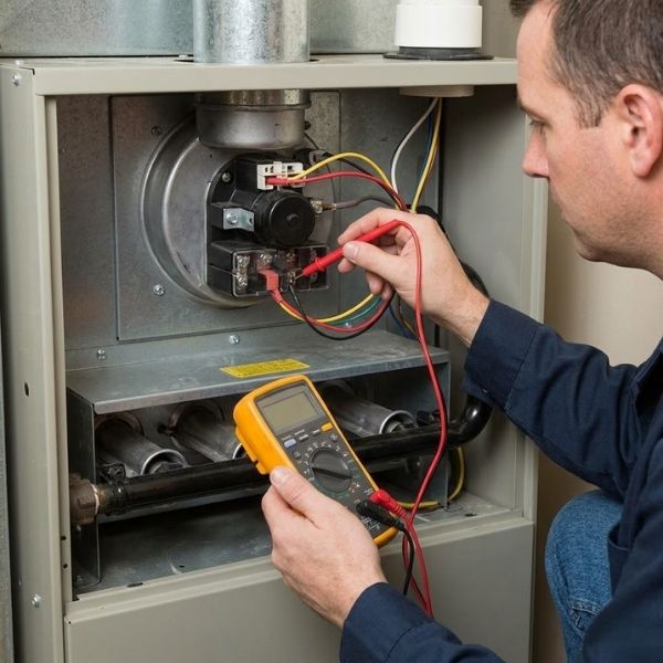 A detailed view of a technician using a multimeter on a furnace burner.