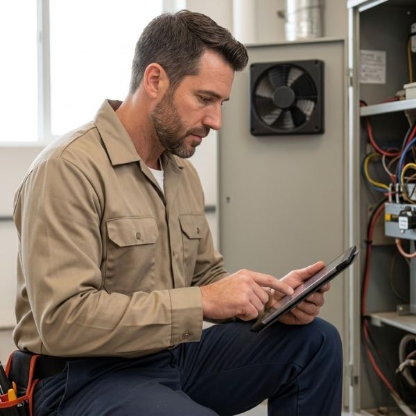 A detailed view of an HVAC technician analyzing system data on a tablet.