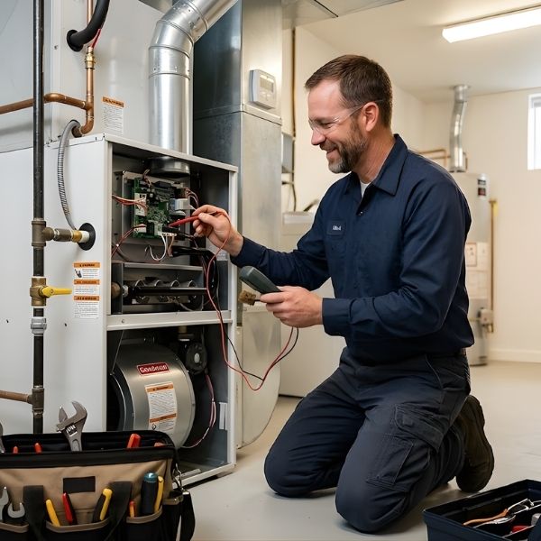 A certified technician performs essential maintenance and diagnostic checks on a residential furnace