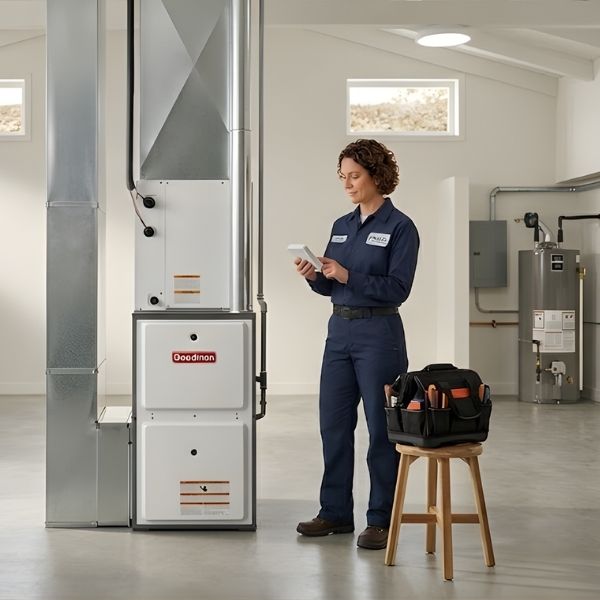 A professional HVAC technician in work uniform stands confidently beside a furnace installation