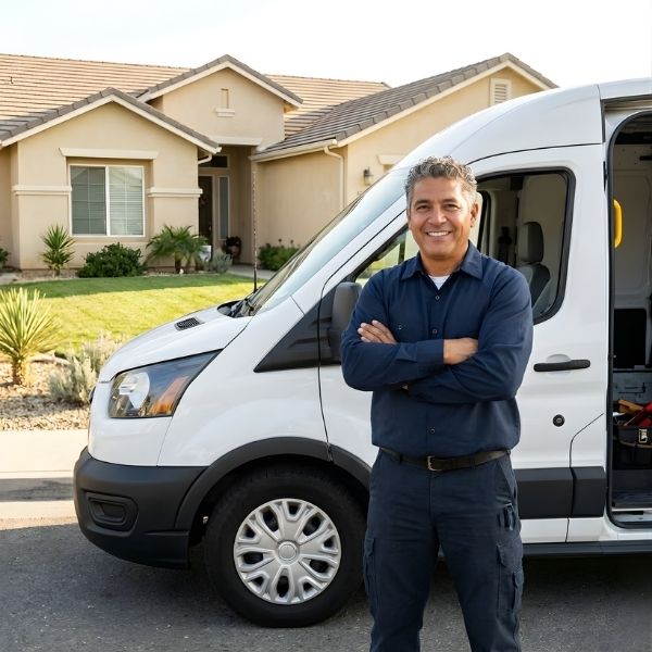 A smiling plumber, standing in front of his service van at a Bakersfield home